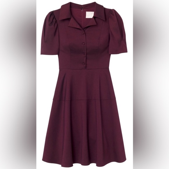 Gal Meets Glam ♡ Burgundy Nina Twill Short Sleeve Button Down Fit & Flare Dress - Picture 2 of 6